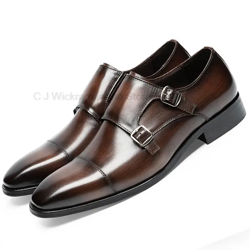 HKDQ Mens Oxford Shoes Genuine Leather Casual Shoes Cap Toe Double Buckle Monk Strap Classic Dress Shoes Black Brown Shoes Men