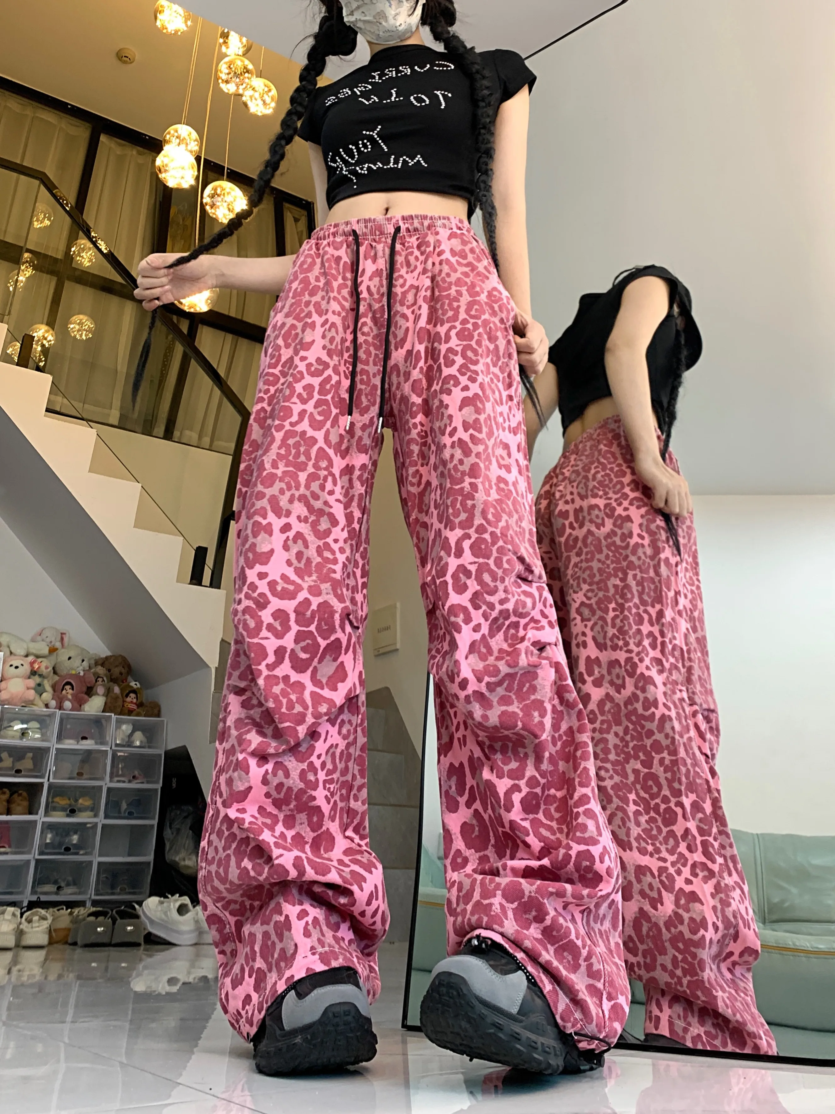 Women\'s Red Leopard Pants Jogger Harajuku Streetwear Sweatpants Loose Pants Y2k Retro 2000s Aesthetic Vintage Trousers Clothes