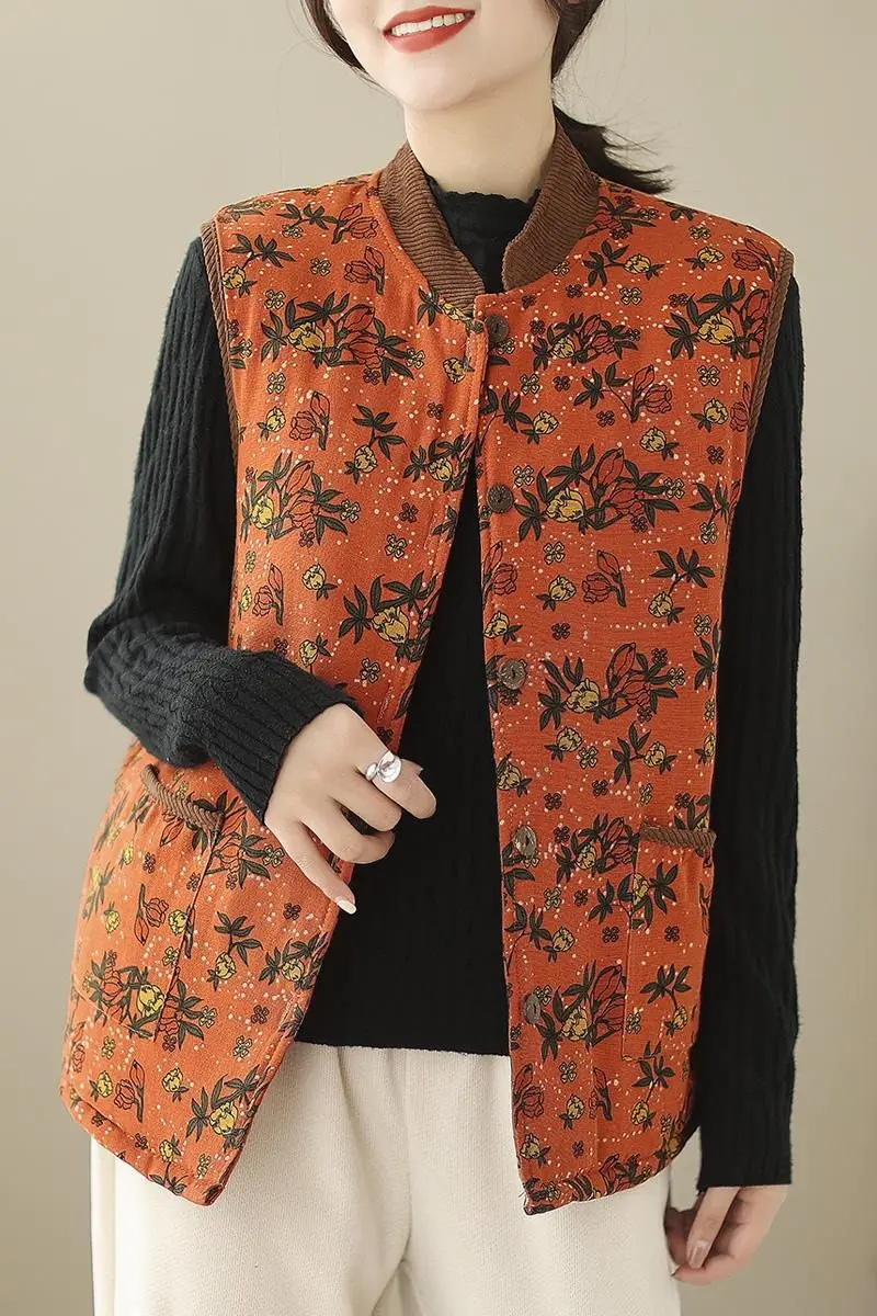 Autumn Winter Floral Vest Jacket Cotton And Linen Loose Large Size Retro Versatile Casual Quilted Top Sleeveless Waistcoat T1590