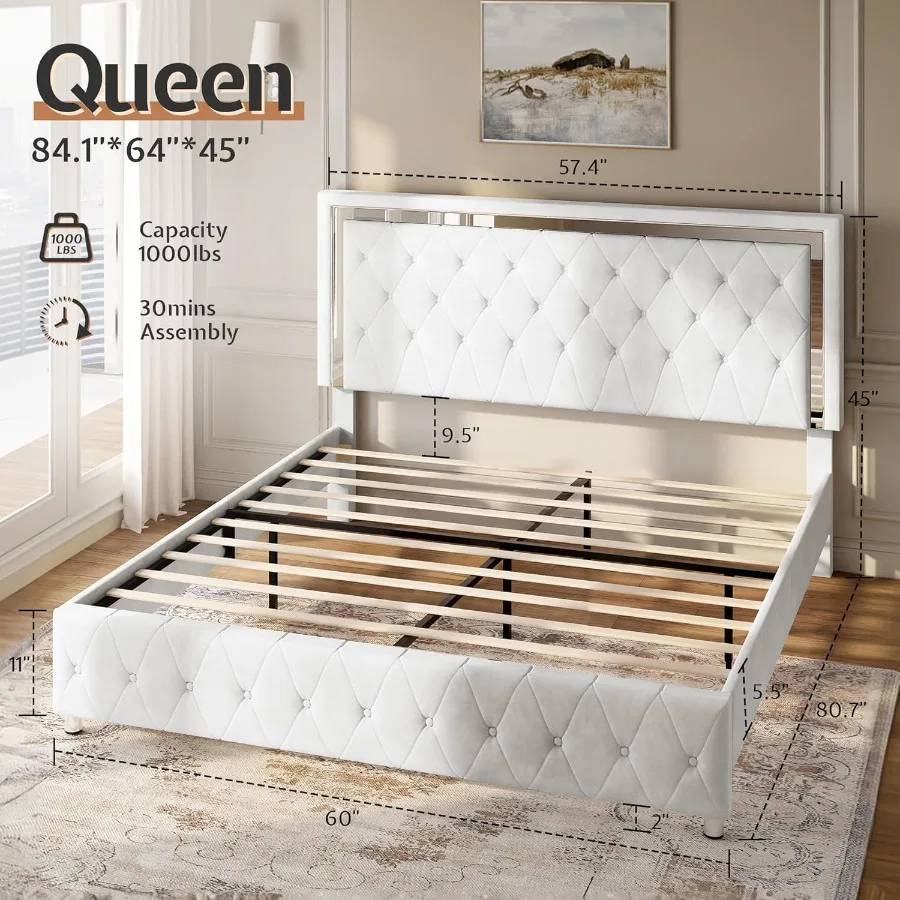 إطار سرير كوين مع أضواء LED، لوح أمامي، لوح قدم مخملي منجد بحجم كوين، إطار سرير بدون صندوق زنبركي، أبيض