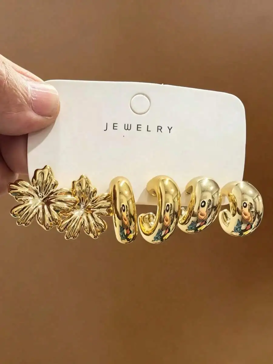 

Gold Tone Flower And Hoop Earring Set For Women Daily Party Wear