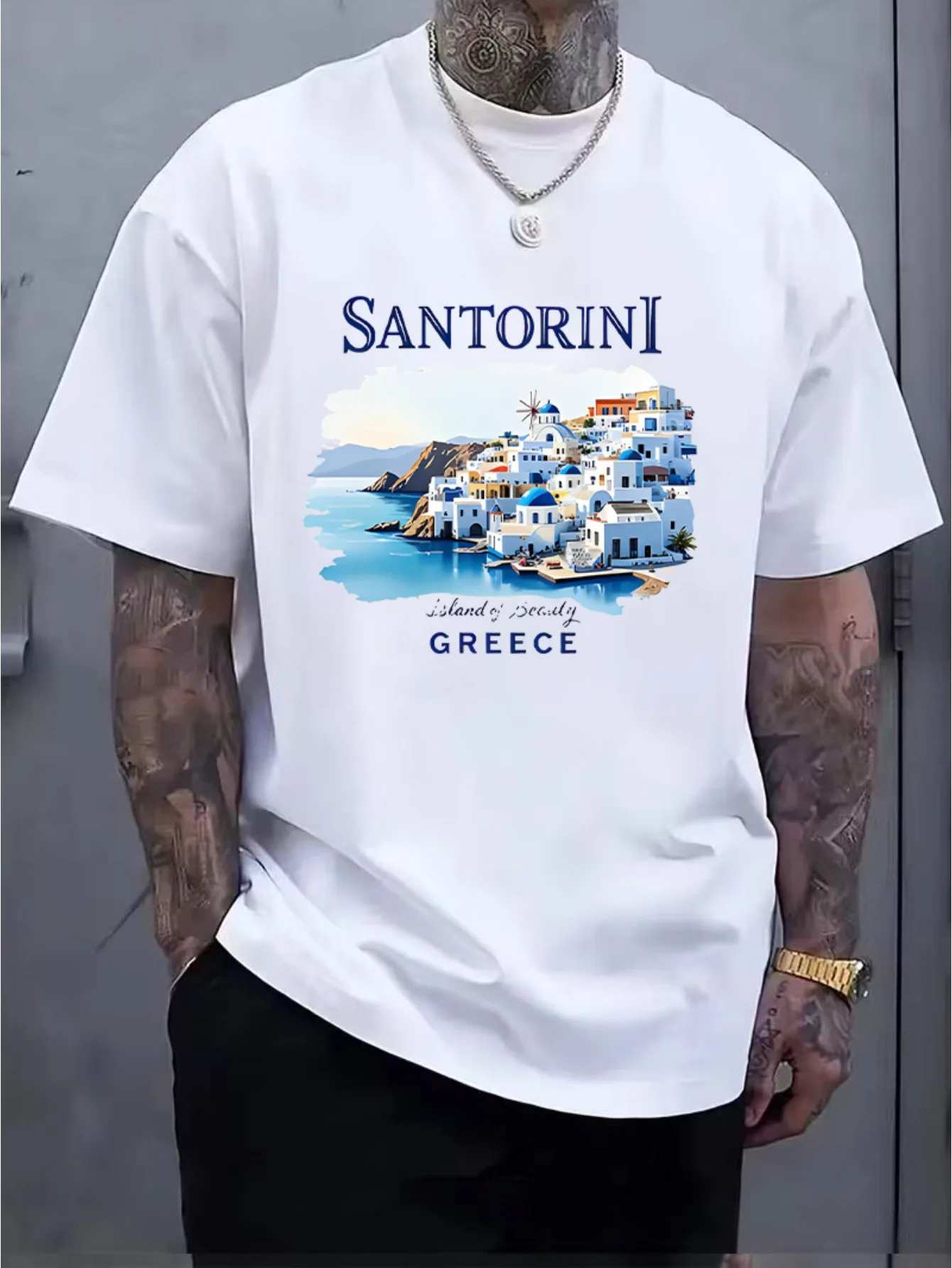 T-shirt élégant à manches courtes et col rond pour homme avec imprimé Santorini, parfait pour un usage quotidien décontracté et confortable, fabriqué en tissu respirant