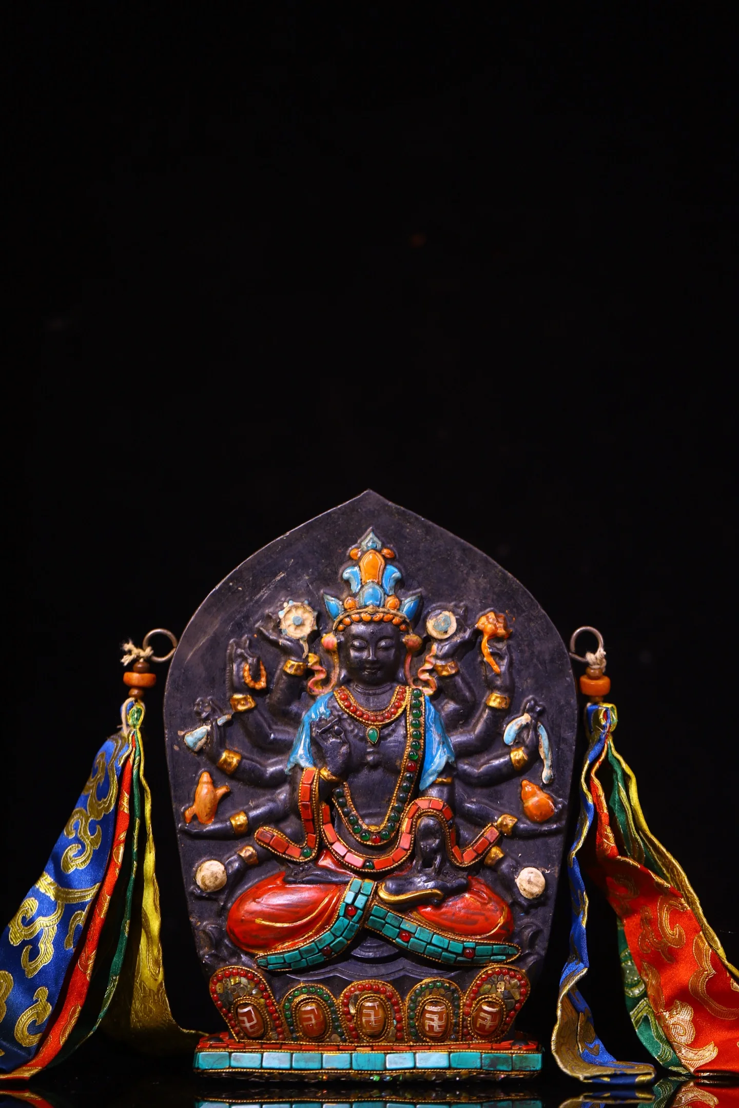 

Old Meteorite Mosaic Gem gZi Beads Turquoise 1000 Guanyin Cundhi Bodhisattva Buddha Plaque Buddhist Niche Prayer flag