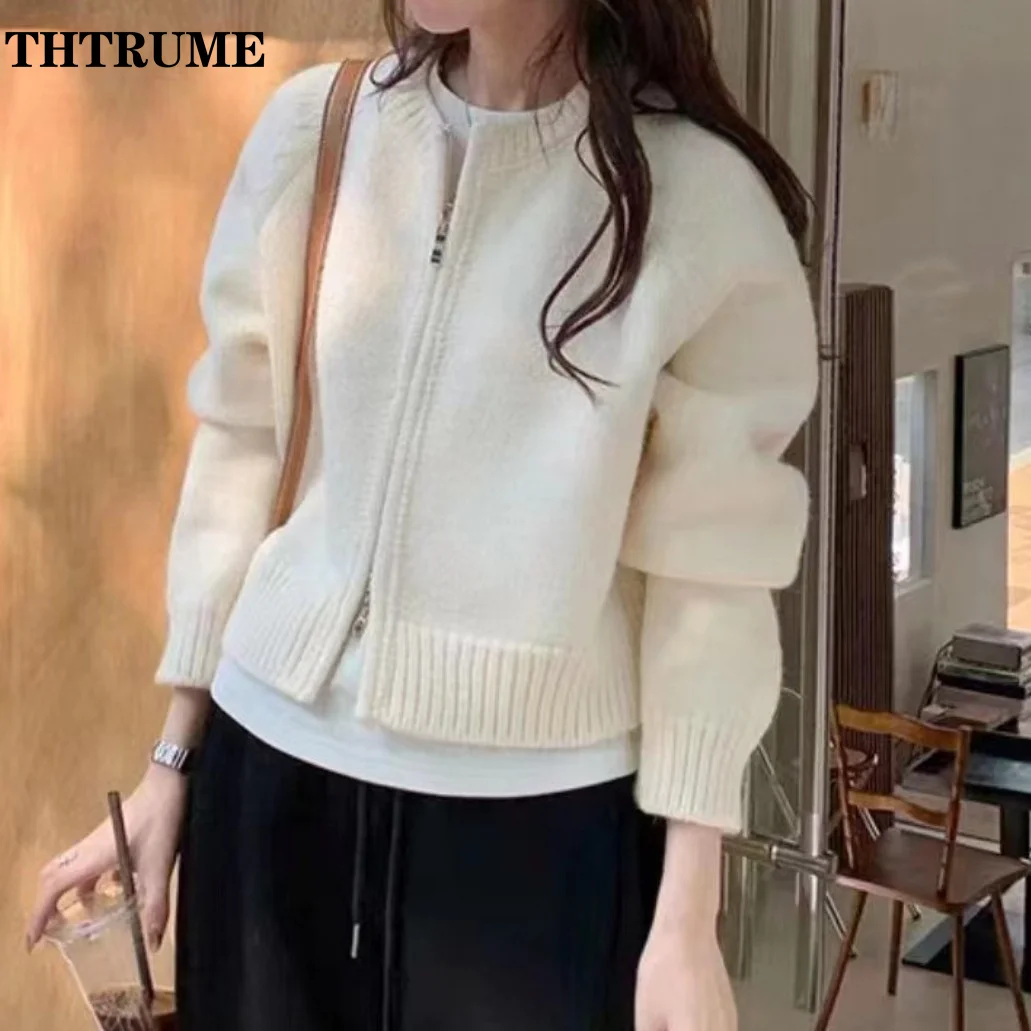 Fashion Solid Round Neck Sweater Elegant Zipper Long Sleeve Autumn Winter Knit Vintage Jumpers Casual Office Lady Chic Cardigan