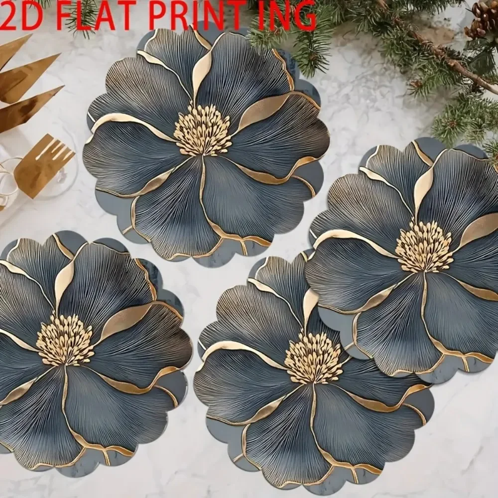 2D Peony Flower Round Placemat Set, Waterproof Non-Slip Table Mats, Floral Placemats for Dining Tables, Kitchen, Home Xmas Decor