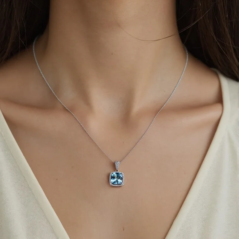 SGARIT New Cushion Cut Natural Sky Blue Topaz Necklace 925 Sterling Silver Wedding Pendants Necklace for Women Chocker Jewelry