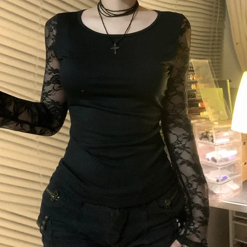 Blusas negras sexis ajustadas de encaje empalmado para mujer, blusas transparentes de manga larga con espalda descubierta, alta moda de otoño
