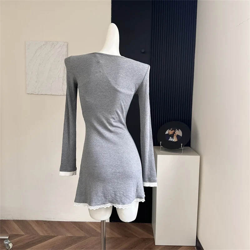 Women's Grey A-line Bodycon Lace Dress Vintage Long Sleeve Mini Dresses Y2k Elegant One Piece Frocks 2000s Clothes Summer 2024