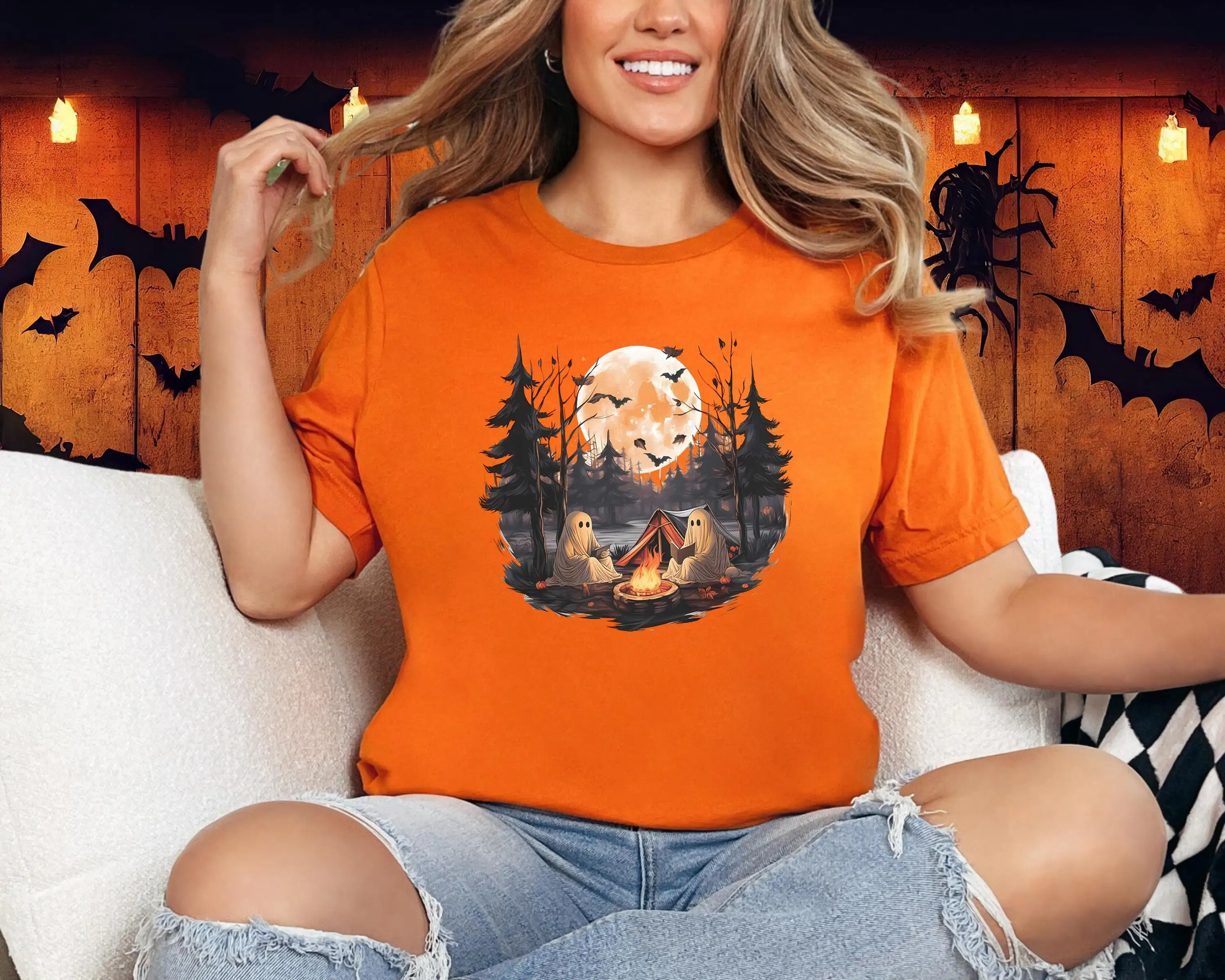 Halloween Ghosts Camping Reading T Shirt Fun For Spooky Book Lovers Perfect Fall Adventures Great Bookish Friends