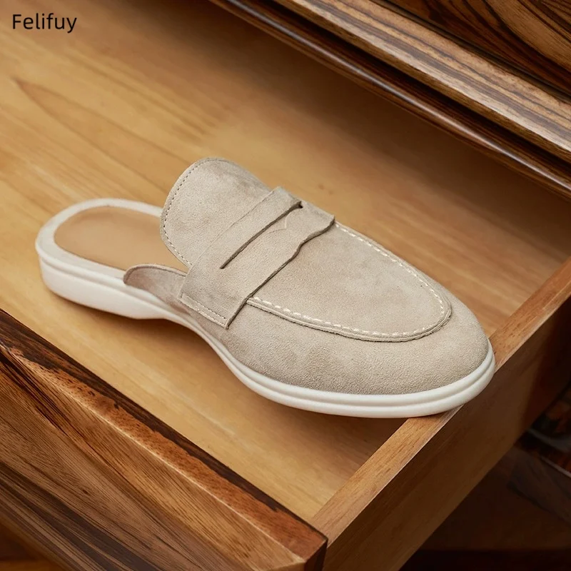2026 New Men's Fashionable round Toe Flats Genuine Leather Slip-On Flat Slippers Lazy Summer Shoes Outdoor Wearable Slippers Men