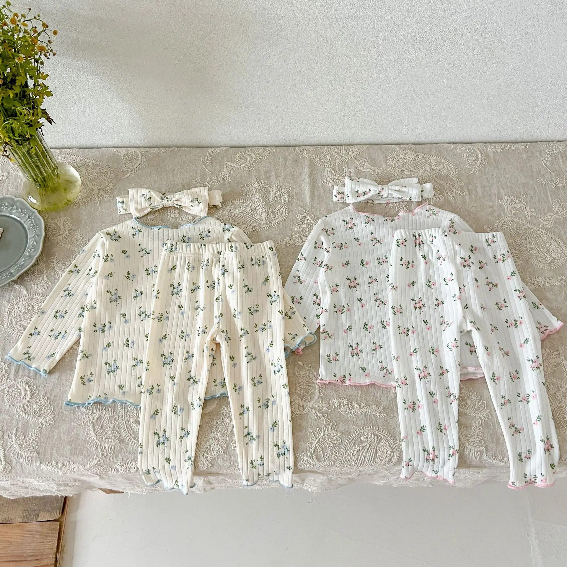 � Neue Ankunft Baby Mädchen Blumen Druck Baumwolle Pyjama Set Langarm Spitze Trim Zwei Stück Nachtwäsche Herbst Homewear Infant Kleinkind ‌ – Detail 4
