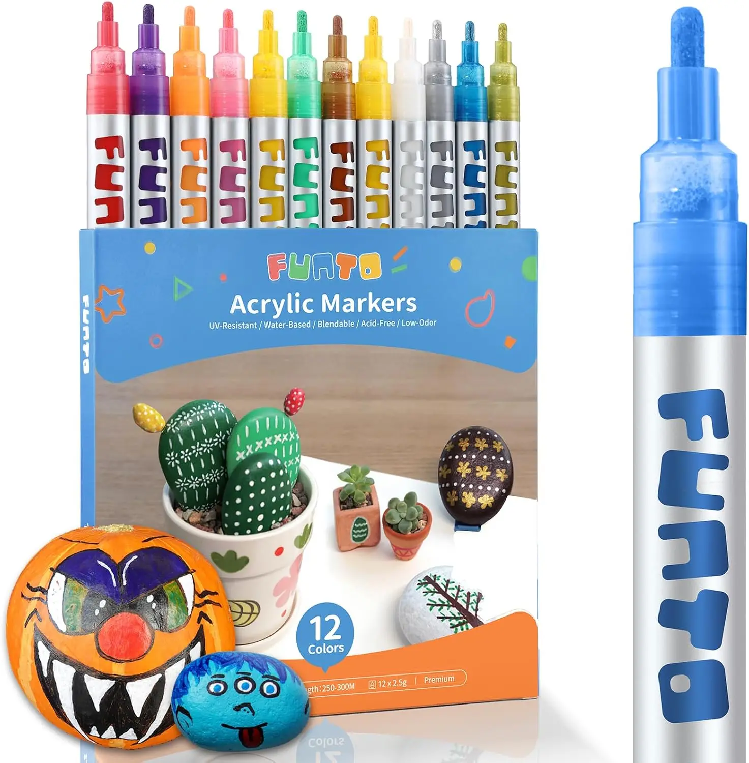 

12 Color Acrylic Paint Pens for Rock, Fabric, Wood, Canvas, Metal, Ceramic, Glass - Non-Toxic, Quick Drying