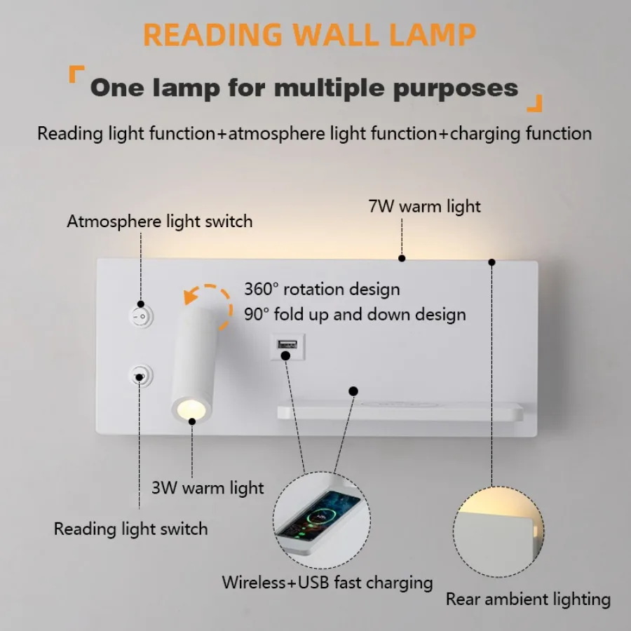 Imagem -04 - Lâmpada de Parede Multifuncional Moderna com Carregamento sem Fio Interface Usb Quarto Night Light Decoração Interior Iluminação