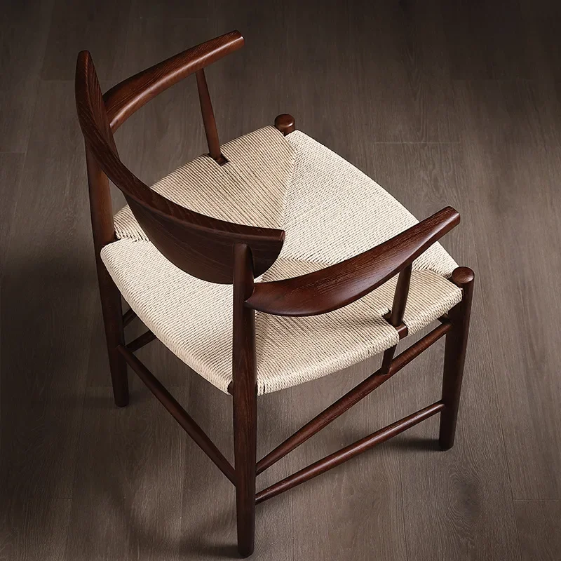 #Wabi-Sabi Vintage Teak Dining Chair – Hand-Woven Paper Cord Solid Wood Armchair for Restaurant