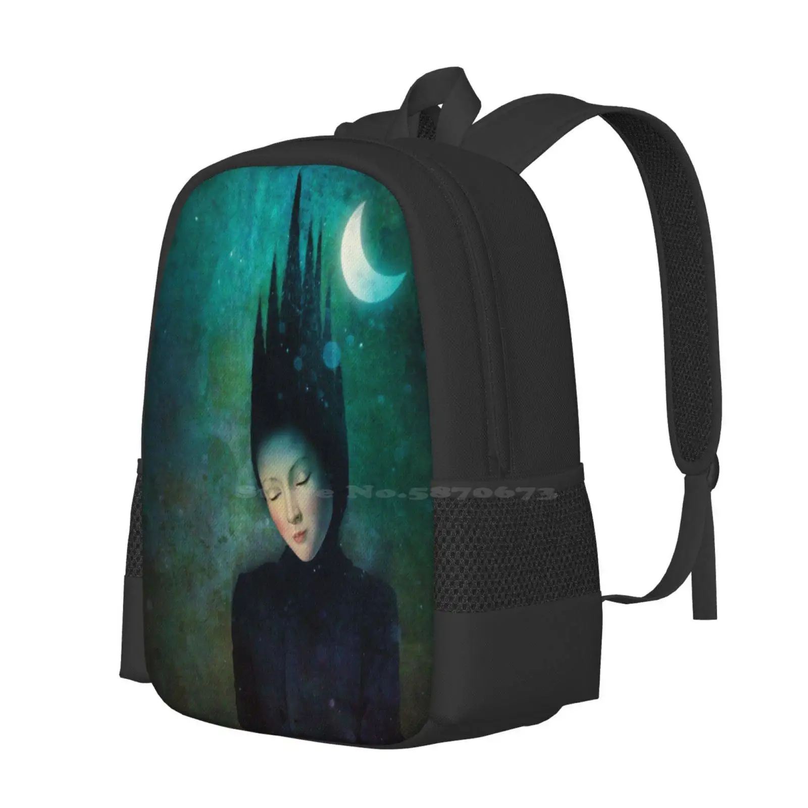 Moonlit Night School Bags Travel Laptop Backpack Moon Night Light Dream Inner World Woman Feeling Green Surreal Christian