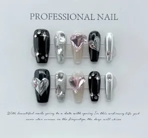 10 pz nero fatto a mano di lusso stampa sulle unghie balletto strass farfalla indossabile unghie finte decorazione copertura completa Nail Tips Art