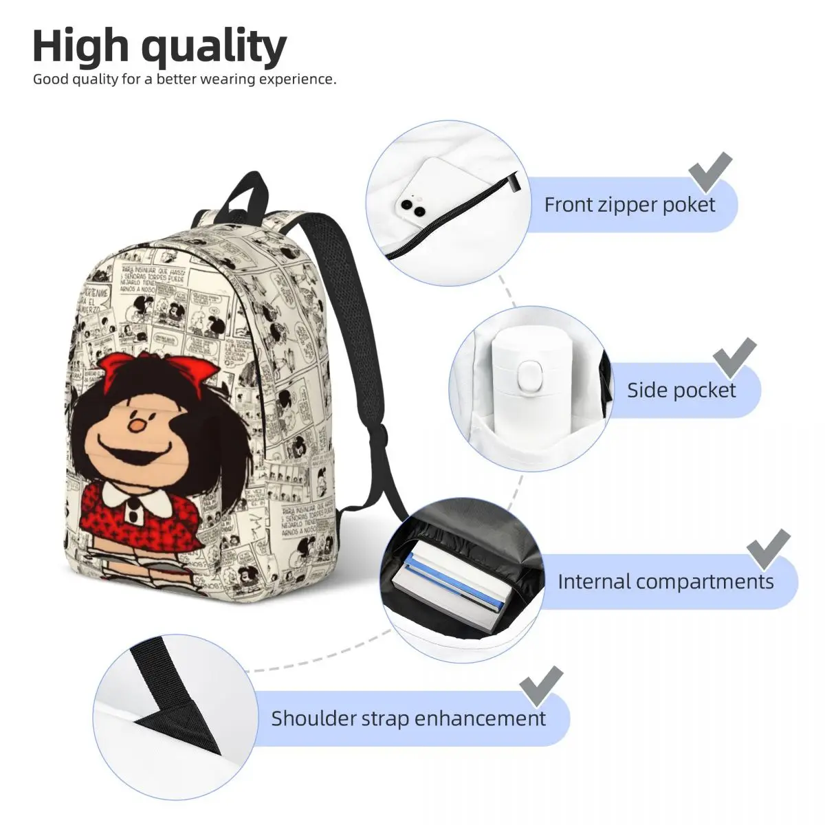 Anime Mafalda Laptop Backpack Men Women Casual Bookbag for College School Students Cartoon Kawaii Bags