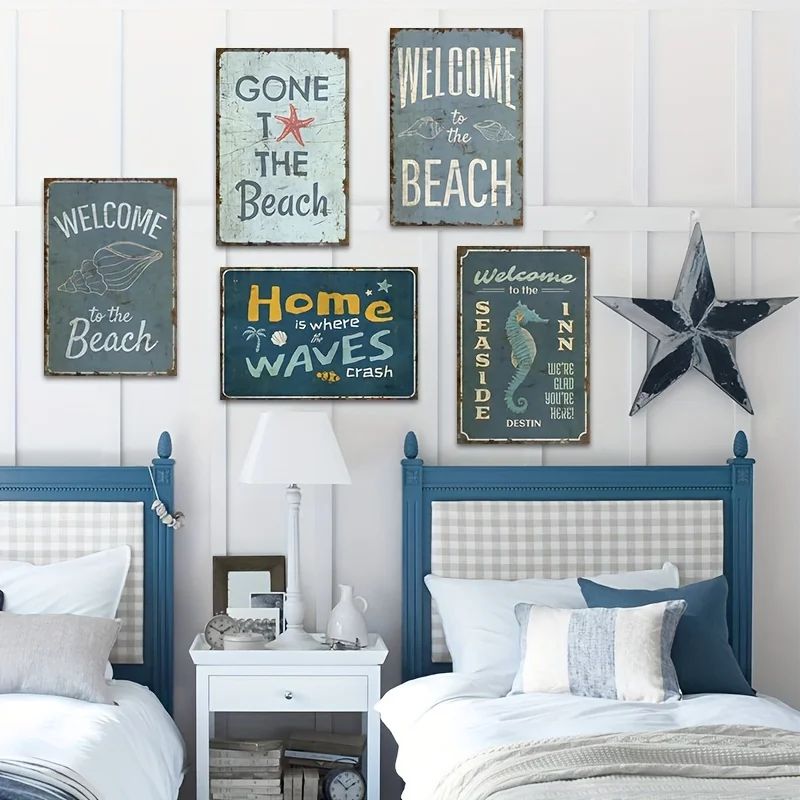 [JIT]Decorative Sign& Plaque 5pcs Retro Seaside Vibe Metal Signs, 20.32x30.48cm, Simple Hanging, Ideal Gifts, for Beachy Yard& O