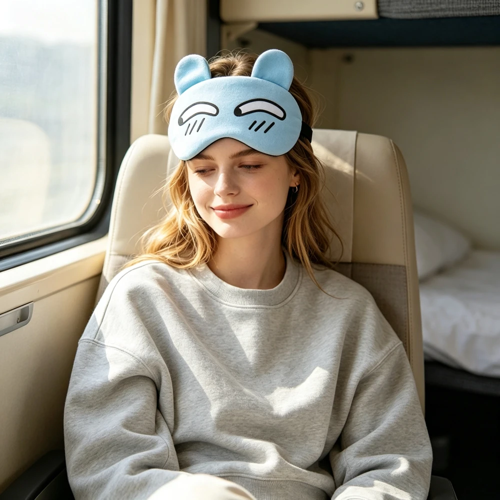 Light Blue Smiling Cat Ear Eye Mask Cute Cartoon Sleep Eye Cover Funny Printed Light Blocking Shade for Deep Sleeping