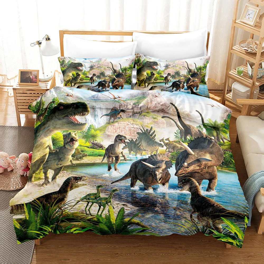 Jurassic Age Dinosaur Bedding Set For Kids, Duvet Cover, Pillow Shams, Microfiber Fabric, Boys Bedroom Decoration, T-Rex Raptors
