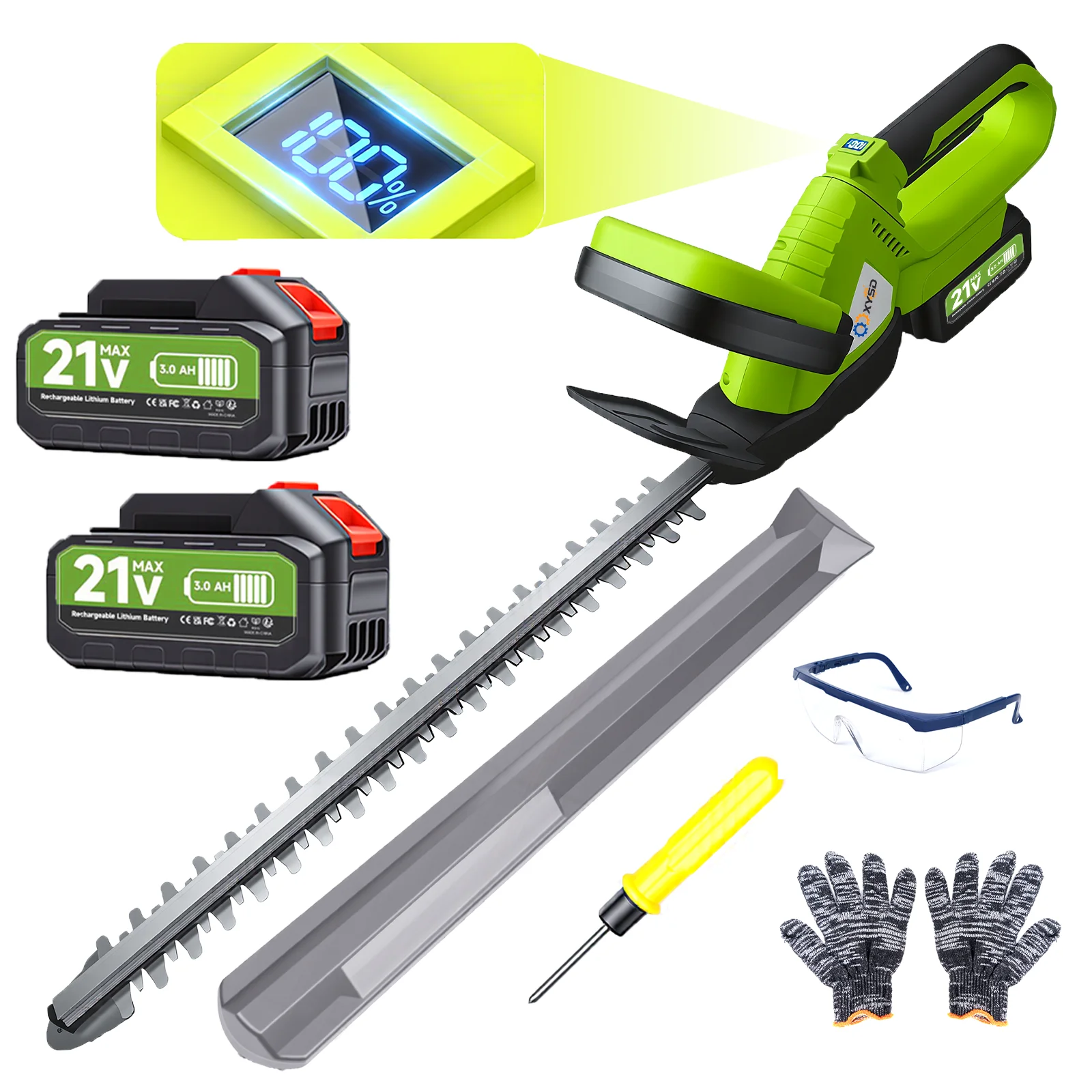 

XYSD 20-inch Brushless Electric Hedge Trimmer with Safety Lock, Includes Two Batteries, Gloves, Safety Glasses, and Blade Guard