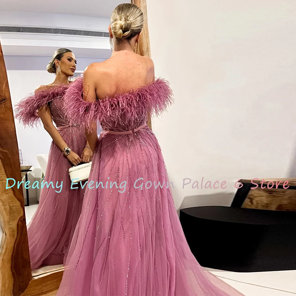 Customized Luxury Organza A-Line Off the Shoulder Sequined Crystal Feathers Evening Dress Temperament  vestidos de fiesta