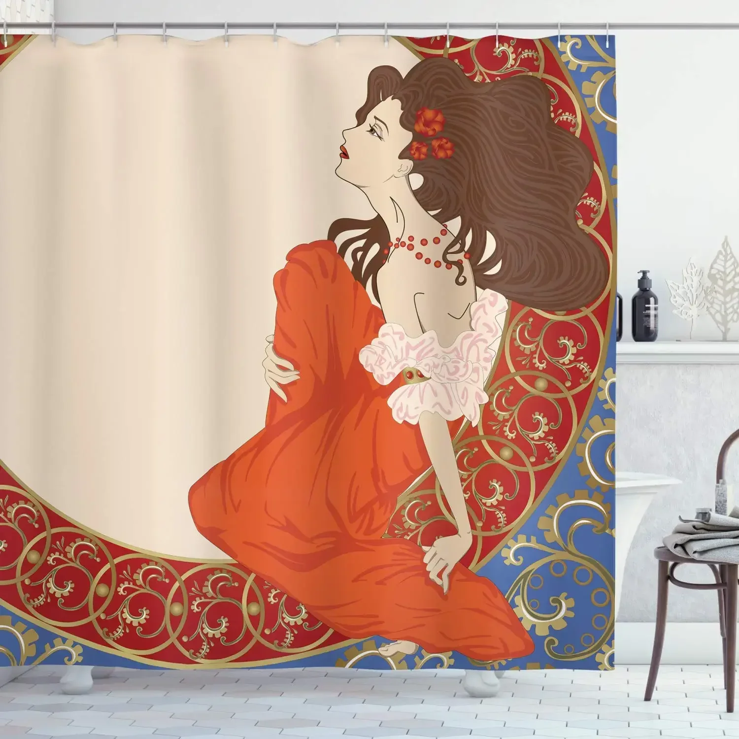 Art Nouveau Shower Curtain,Antique Woman In An Old Fashioned Medieval Dress Floral Rich Framework,Cloth Fabric Bathroom Curtains