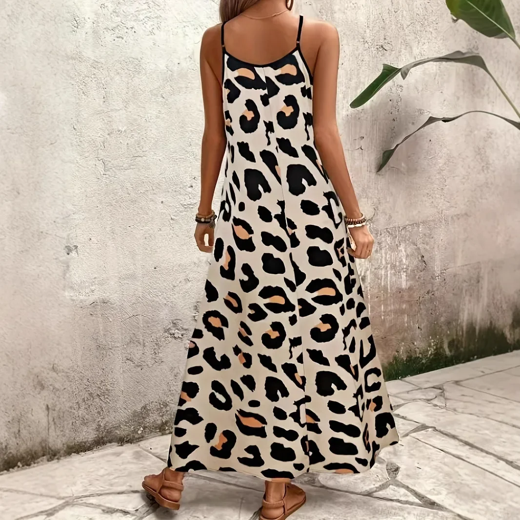 Women Leopard Print Vacation Beach Maxi Dress Casual Loose V Neck Sleeveless Khaki Streetwear Boho Long Dresses  Ropa De Mujer