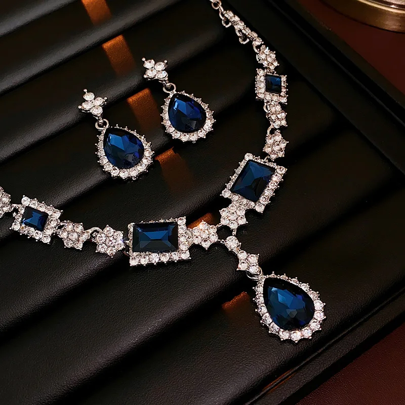 Luxury Blue Square Rhinestone Bride Jewelry Set Water Drop Square Pendant Necklace Drop Earrings Luxury Party Prom Accessories A