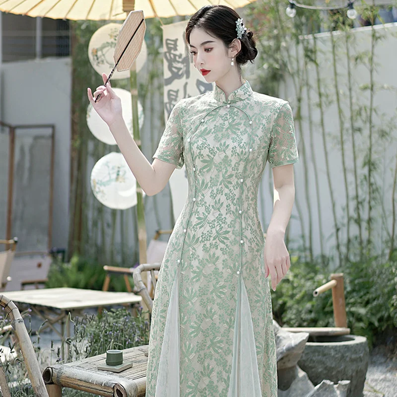 2023 Summer New Loose Temperament Lace Daily Long Girl Young Style Temperament Chinese Retro Improved Aodai Cheongsam Dress X888