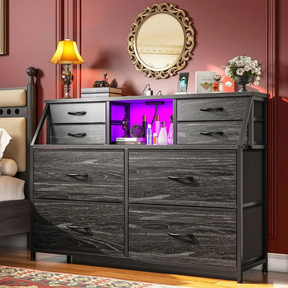 

Dresser For Bedroom With 8 Fabric Drawers LED Lights And Charging Station, Nightstand With Open Shelf For Living Room And Entryw
