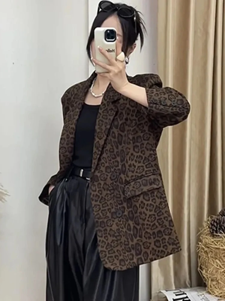 Jmprs Streetwear Vrouwen Luipaard Blazer Vintage Lange Mouw Slanke Y2K Pak Jas Amerikaanse Harajuku Casual Herfst Winter Retro Tops Nieuw