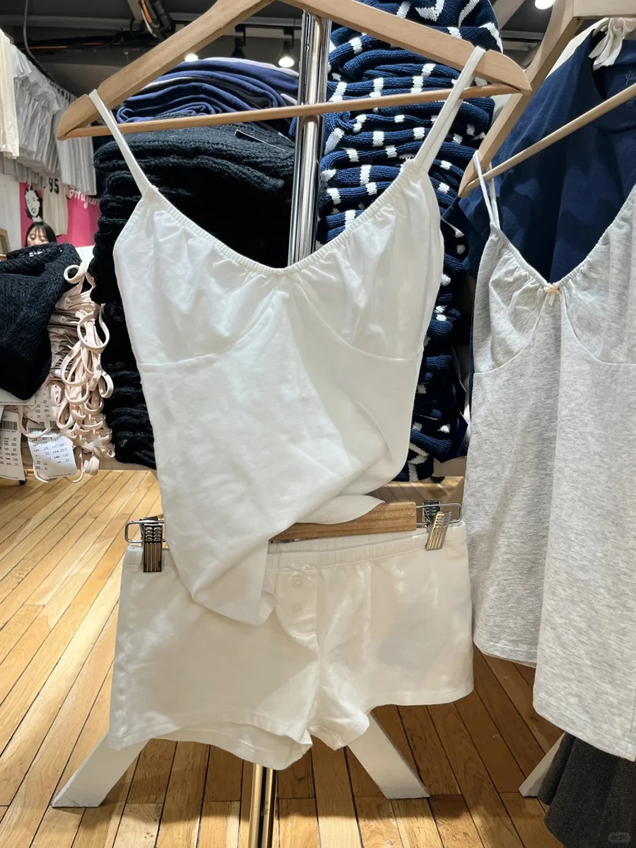 القوس الخامس الرقبة الأبيض تانك السراويل القطن مجموعة المرأة الحلو سليم سترة + أزرار مستقيم قصير الملاكم قصيرة بانت لطيف المنزل بيجامة مجموعات جديد