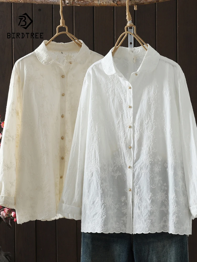 

Новинка 2025, осенняя хлопковая рубашка с длинными рукавами, женская вышивка с отложным воротником, свободная блузка Mori Girl с французским темпераментом T5O426CC