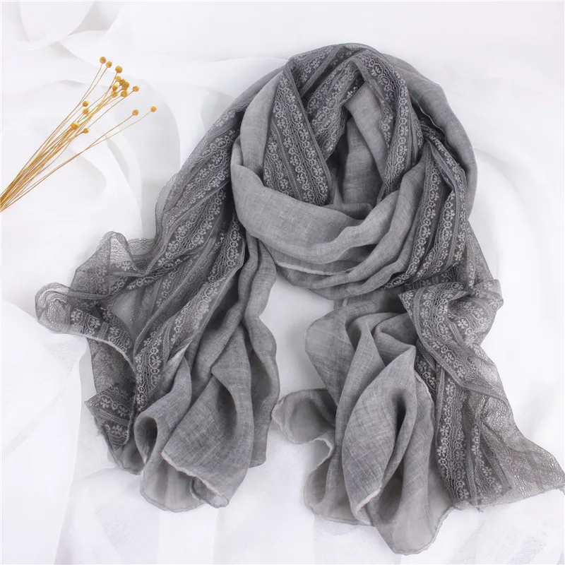 Korean Lace Patchwork Cotton and Linen Scarf Women\'s Linen Versatile Styles Thin and Long Winter Solid Color Silk Shawl