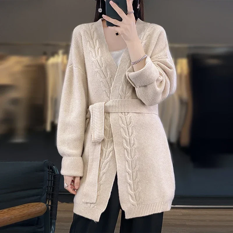 

Hot Sale Autumn Winter New 100% Wool Long Cardigan Sweater Women's Solid Color Loose Thicking Soft Fashion Female Long Sleeve