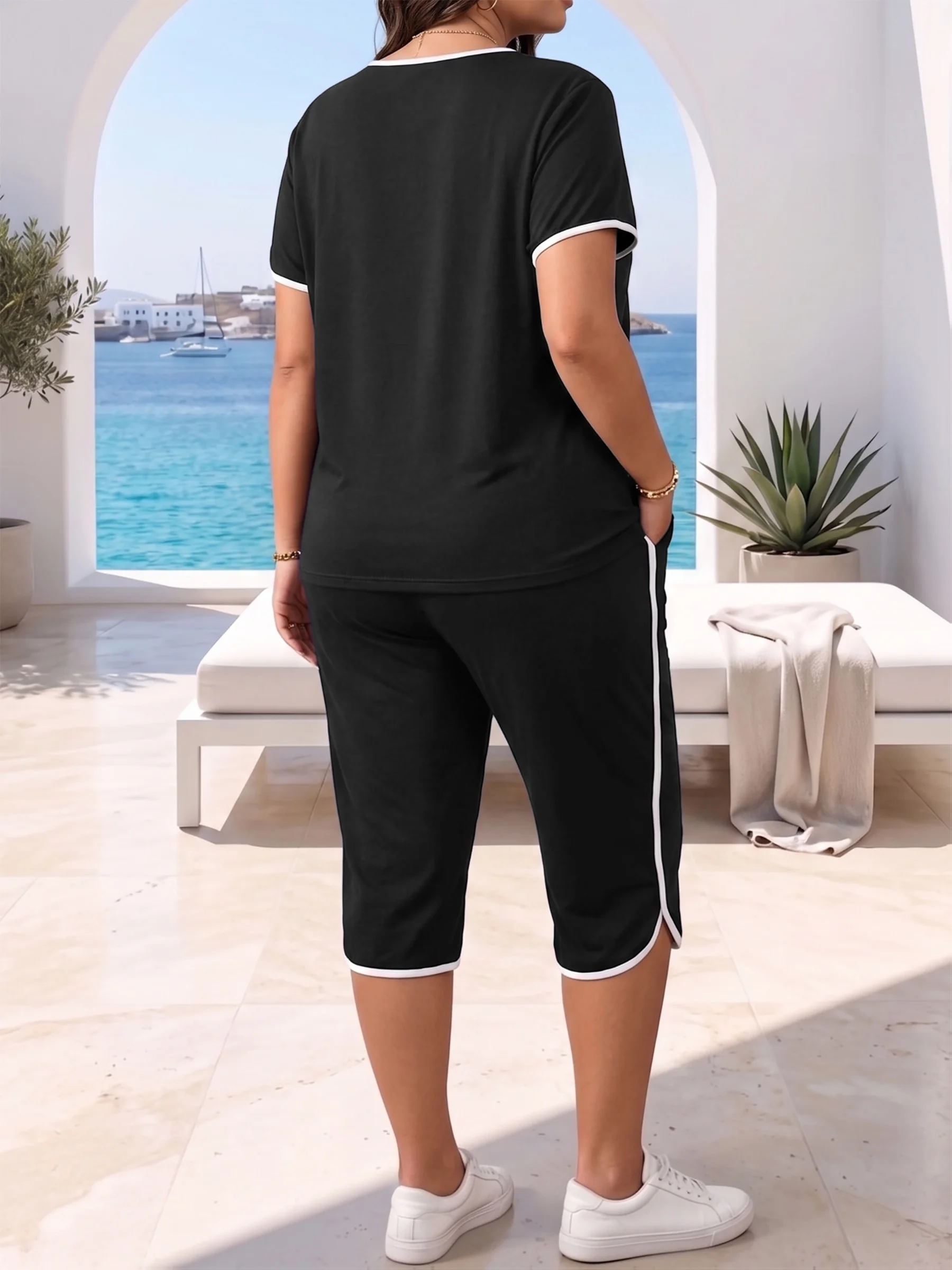 Bequemes Plus-Size-Loungeset für Damen mit kurzen Ärmeln und Hose mit Kordelzug – Detail 2