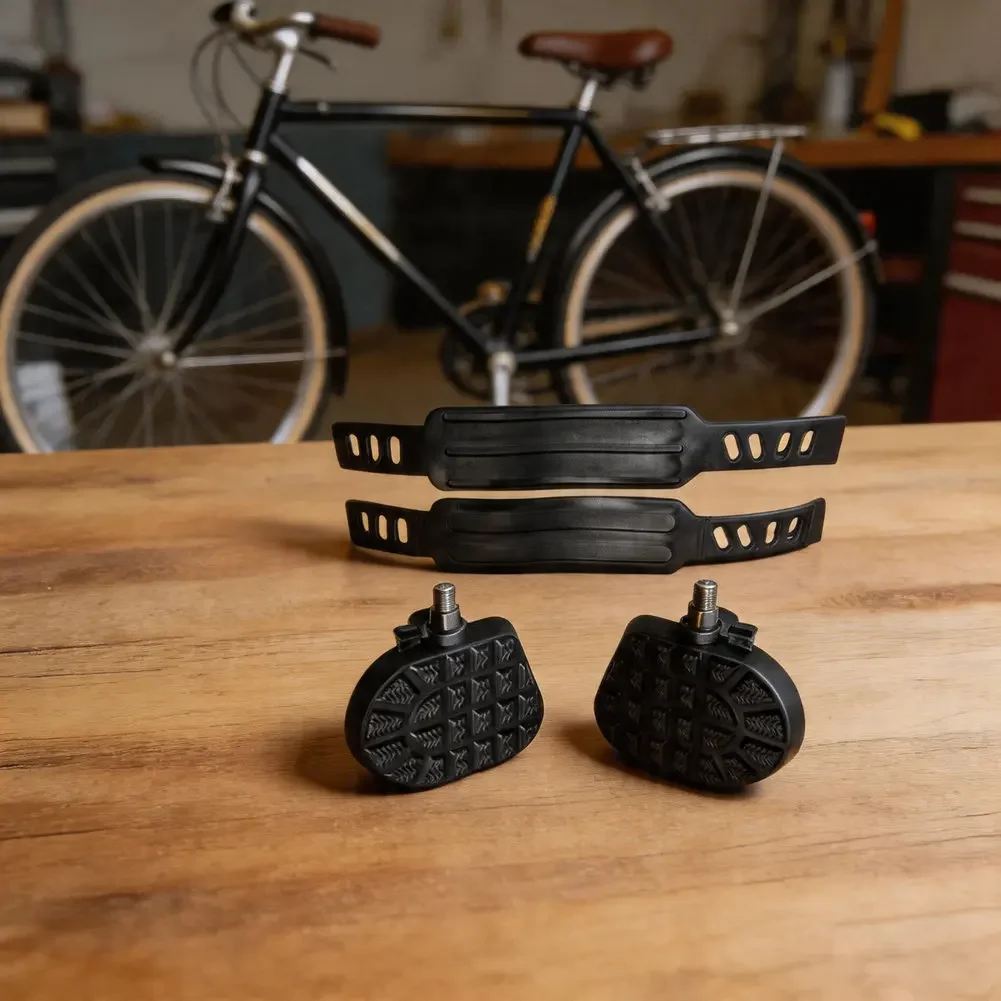 1 Pair Exercise Bike Pedals With Straps For Indoor Cycling 1/2 And 9/16 Inch Spin Bike Replacement Parts Black