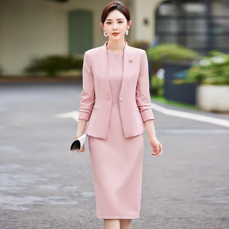 

Office Suit Women High Quality Formal Blazer + Sleeveless Dress Elegant 2 Piece Suit Commuter Career Set Pink/Blue/Black Jacket