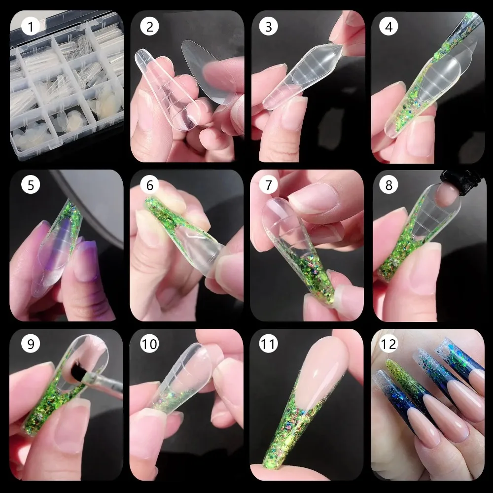 Mixed 12 Types Nail Tips Sets Pointed/Trapezoidal Nails Ultra-Thin Gel Extension Molds with Scale Acrylic False Nails