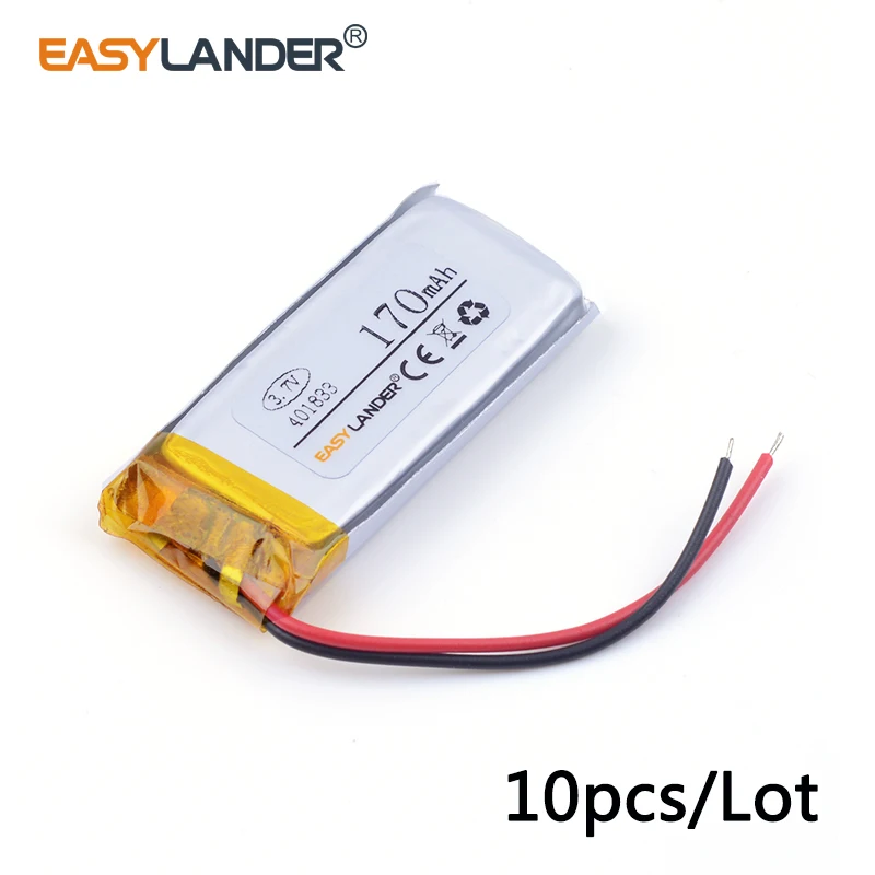 

10pcs/Lot 401833 3.7v 170mAh lithium Li ion polymer rechargeable battery For MP3 mp4 DVR pen Bluetooth DIY audio Toys 041832