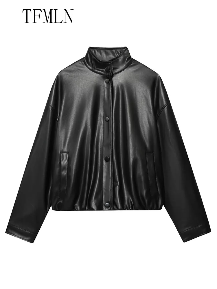 TFMLN 2025 가을 여성 인조 가죽 봄버 재킷 패션 스탠드 칼라 싱글 브레스티드 루즈 코트 캐주얼 모터사이클 아우터웨어