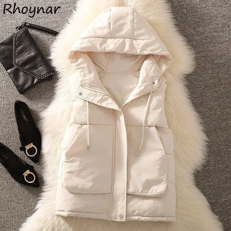 M-4XL Hooded Vests Women Coats Pure Simply All-match Thicken Winter Clothes Korean Fashion Girlish Teens Preppy High Street Chic