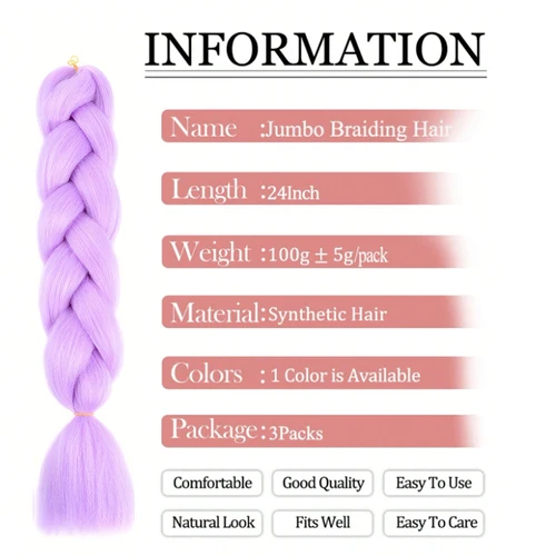 Imagen 2 del producto Extensión de cabello trenzado Jumbo, pelo sintético, caja púrpura, trenzas de pelo preestirado, disfraz de fiesta de Halloween, Cosplay, 3 uds.