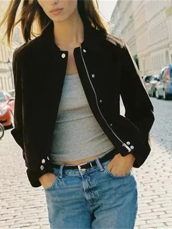 جاكيت نسائي قصير بأكمام طويلة وياقة، تصميم عصري غير رسمي، جديد لفصل الخريف، بتأثير الجلد، معطف نسائي عالي الجودة