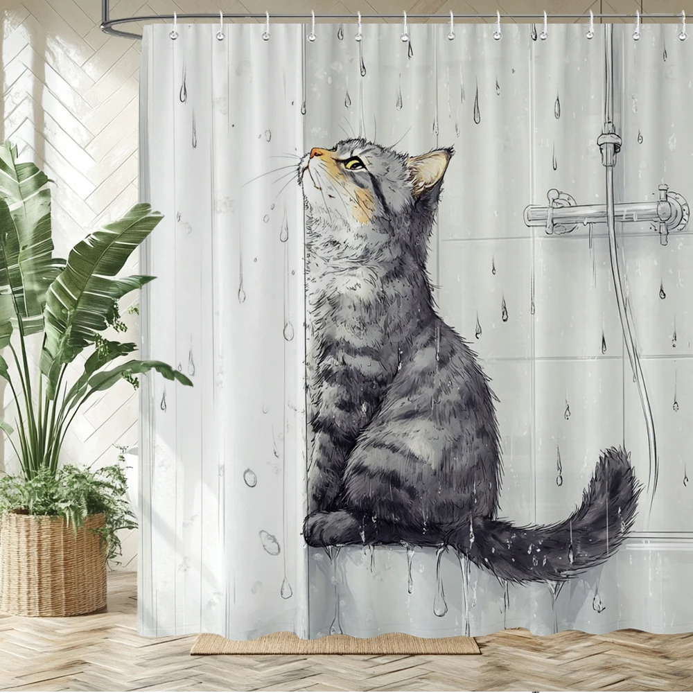 

lovely bathing cat printed shower curtain polyester fabric cartoon bathroom curtain home decoration curtain with hooks