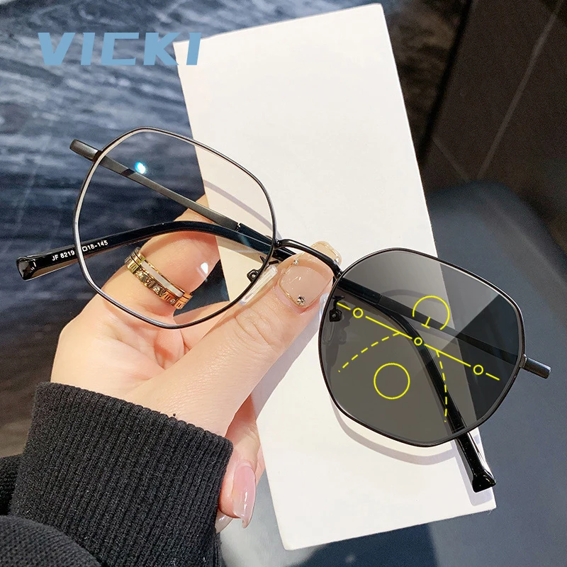 VICKI Fashionable Ladies' Metal Polygon Anti-blue Light Glasses - Customizable Prescription Photochromic Multifocal 8219