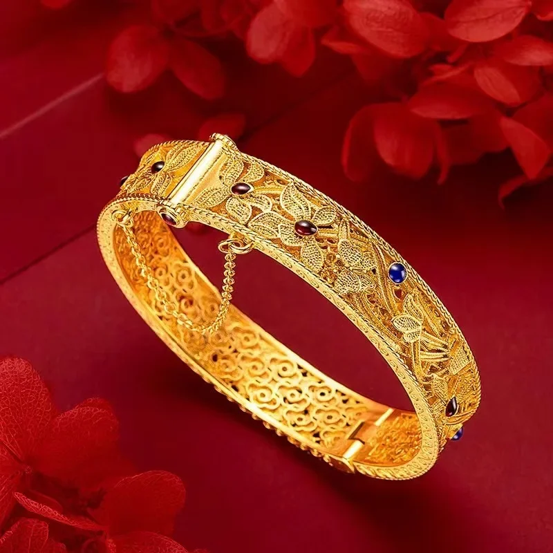 Pulsera de Orquídea de cymbidio de esmalte de marea nacional de oro amarillo de 24K real 9999 para mujer, brazalete a presión de estilo Retro de corte, hueco