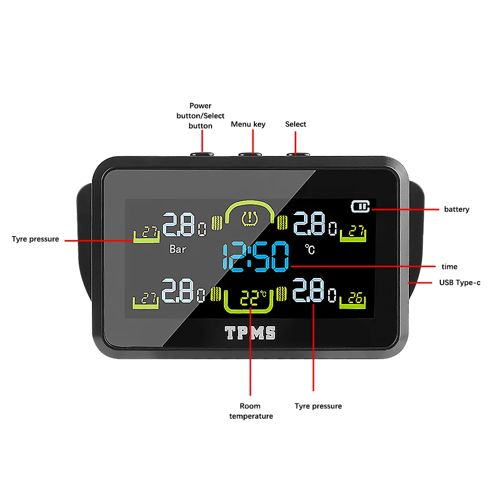 Car Tyre Pressure Monitor With 4 External Sensors Temperature Warning Fuel Save Tire Pressure Monitoring System Solar TPMS T14-1