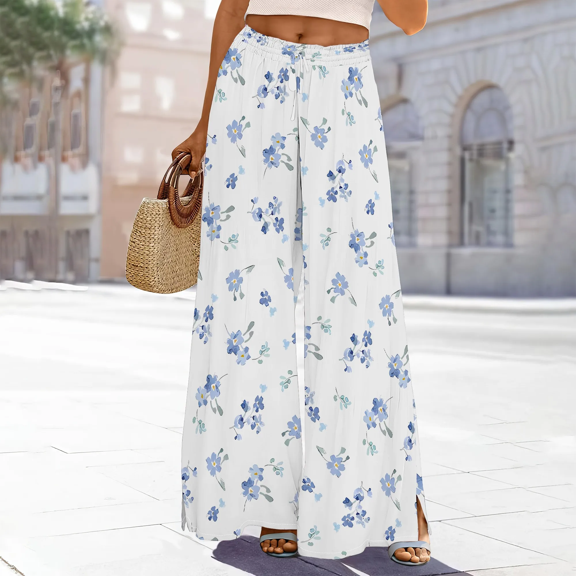 

Women's High-Waisted Gold Floral Print Wide-Leg Pants Elastic Waist Pockets Slit Polyester Party Glam